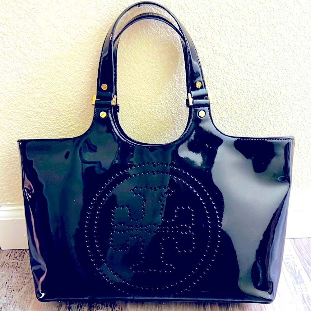 Tory Burch Ella Black Patent Leather Strap Tote Bag with Gold Hardware